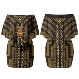 New Zealand Manta Ray Couples Matching Off Shoulder Short Dress and Long Sleeve Button Shirt Maori Tukutuku Taniko Motifs Gold