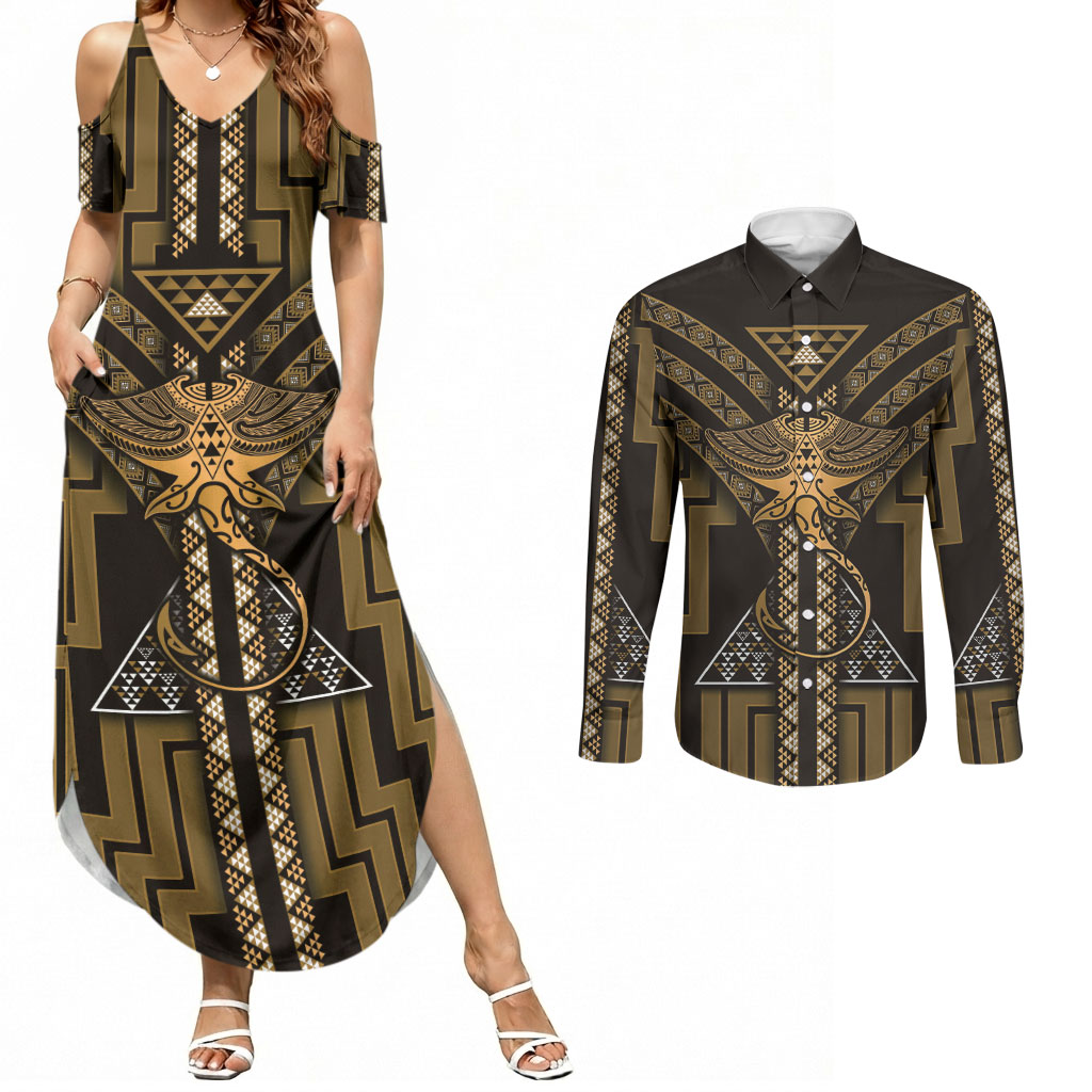 New Zealand Manta Ray Couples Matching Summer Maxi Dress and Long Sleeve Button Shirt Maori Tukutuku Taniko Motifs Gold