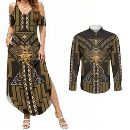 New Zealand Manta Ray Couples Matching Summer Maxi Dress and Long Sleeve Button Shirt Maori Tukutuku Taniko Motifs Gold