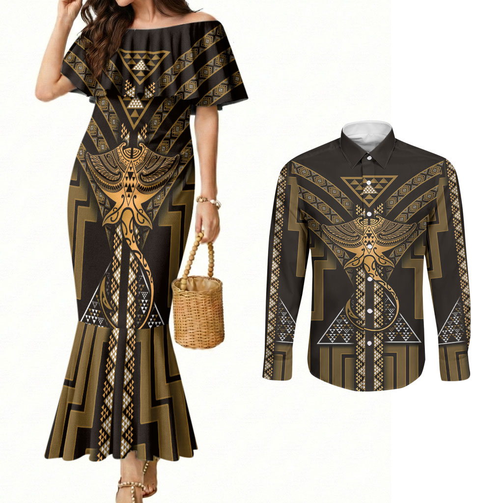 New Zealand Manta Ray Couples Matching Mermaid Dress and Long Sleeve Button Shirt Maori Tukutuku Taniko Motifs Gold
