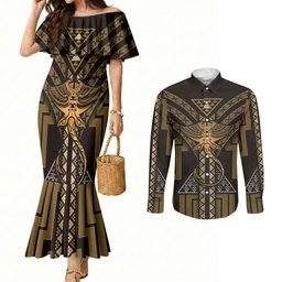 New Zealand Manta Ray Couples Matching Mermaid Dress and Long Sleeve Button Shirt Maori Tukutuku Taniko Motifs Gold