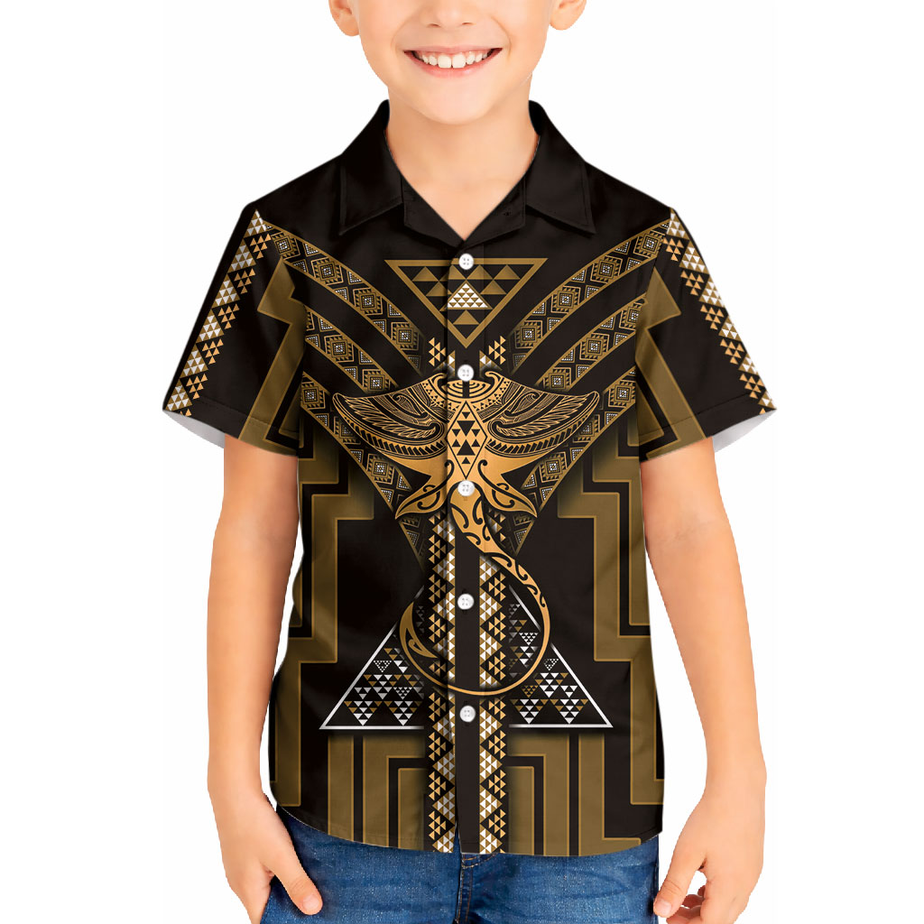 New Zealand Manta Ray Kid Hawaiian Shirt Maori Tukutuku Taniko Motifs Gold