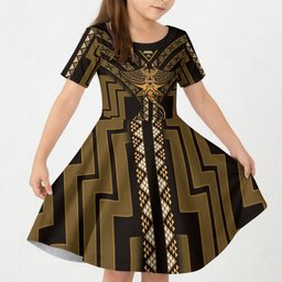 New Zealand Manta Ray Kid Short Sleeve Dress Maori Tukutuku Taniko Motifs Gold