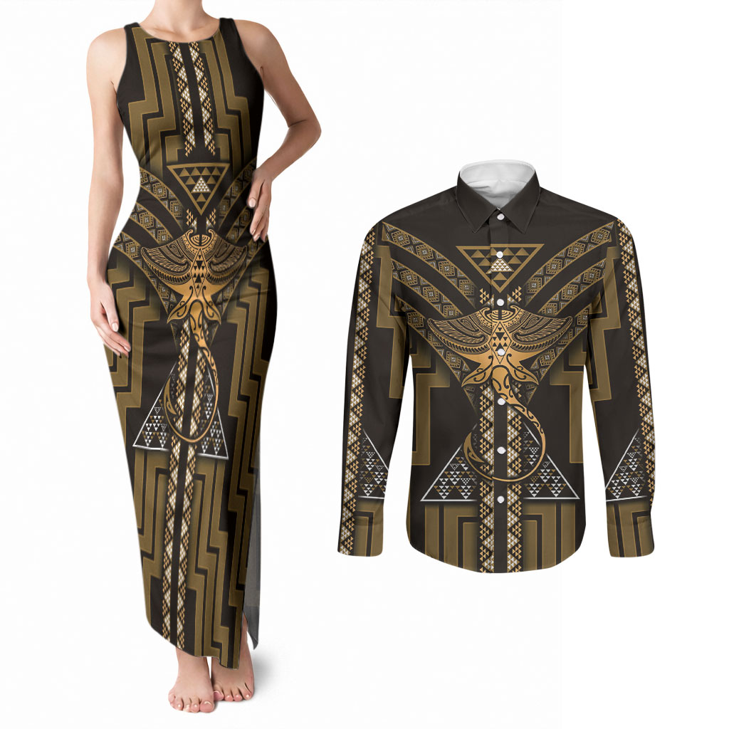 New Zealand Manta Ray Couples Matching Tank Maxi Dress and Long Sleeve Button Shirt Maori Tukutuku Taniko Motifs Gold