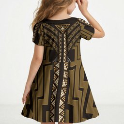 New Zealand Manta Ray Kid Short Sleeve Dress Maori Tukutuku Taniko Motifs Gold