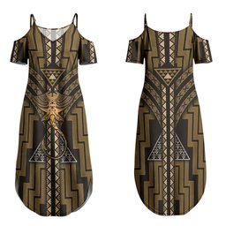 New Zealand Manta Ray Couples Matching Summer Maxi Dress and Long Sleeve Button Shirt Maori Tukutuku Taniko Motifs Gold