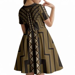 New Zealand Manta Ray Kid Short Sleeve Dress Maori Tukutuku Taniko Motifs Gold