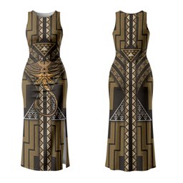 New Zealand Manta Ray Couples Matching Tank Maxi Dress and Long Sleeve Button Shirt Maori Tukutuku Taniko Motifs Gold