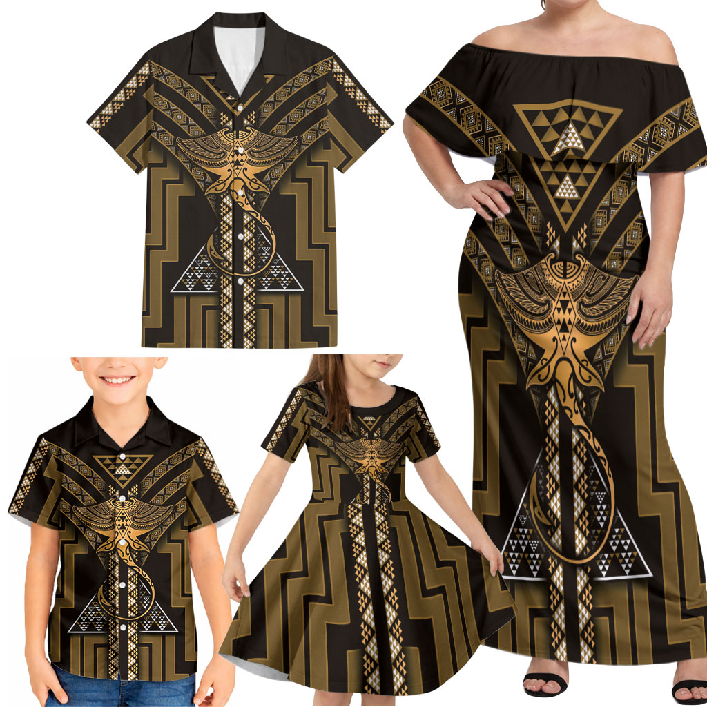 New Zealand Manta Ray Family Matching Off Shoulder Maxi Dress and Hawaiian Shirt Maori Tukutuku Taniko Motifs Gold