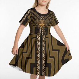 New Zealand Manta Ray Kid Short Sleeve Dress Maori Tukutuku Taniko Motifs Gold