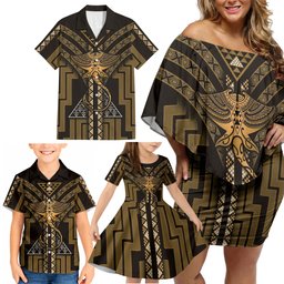 New Zealand Manta Ray Family Matching Off Shoulder Short Dress and Hawaiian Shirt Maori Tukutuku Taniko Motifs Gold