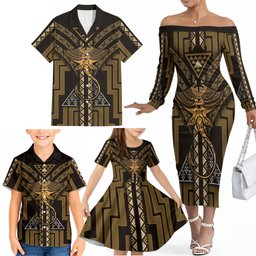 New Zealand Manta Ray Family Matching Off The Shoulder Long Sleeve Dress and Hawaiian Shirt Maori Tukutuku Taniko Motifs Gold