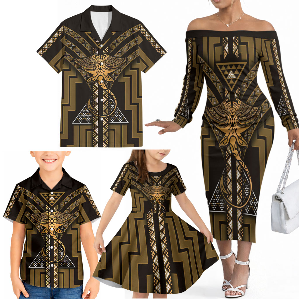 New Zealand Manta Ray Family Matching Off The Shoulder Long Sleeve Dress and Hawaiian Shirt Maori Tukutuku Taniko Motifs Gold