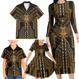 New Zealand Manta Ray Family Matching Long Sleeve Bodycon Dress and Hawaiian Shirt Maori Tukutuku Taniko Motifs Gold