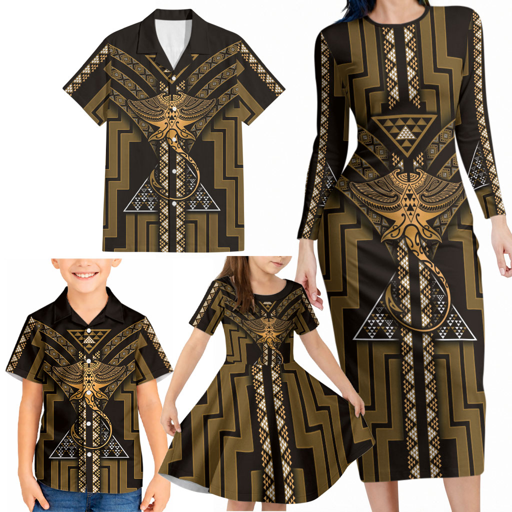 New Zealand Manta Ray Family Matching Long Sleeve Bodycon Dress and Hawaiian Shirt Maori Tukutuku Taniko Motifs Gold