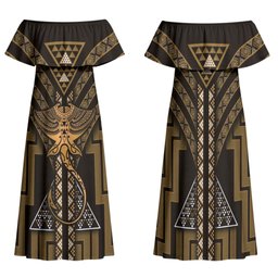 New Zealand Manta Ray Family Matching Off Shoulder Maxi Dress and Hawaiian Shirt Maori Tukutuku Taniko Motifs Gold