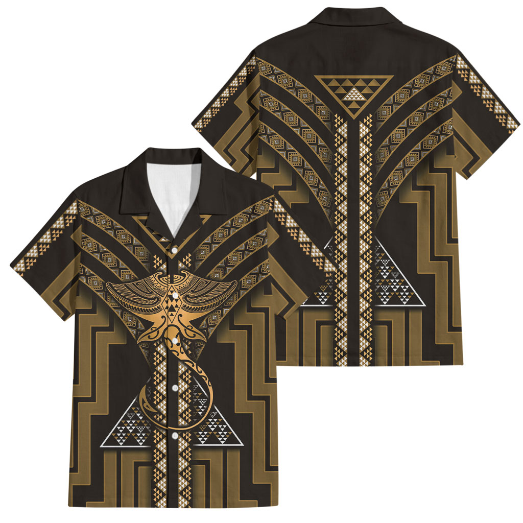 New Zealand Manta Ray Family Matching Off Shoulder Maxi Dress and Hawaiian Shirt Maori Tukutuku Taniko Motifs Gold