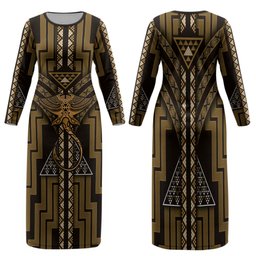 New Zealand Manta Ray Family Matching Long Sleeve Bodycon Dress and Hawaiian Shirt Maori Tukutuku Taniko Motifs Gold