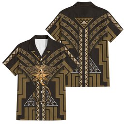New Zealand Manta Ray Family Matching Off The Shoulder Long Sleeve Dress and Hawaiian Shirt Maori Tukutuku Taniko Motifs Gold