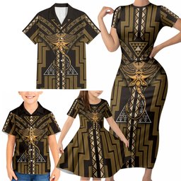 New Zealand Manta Ray Family Matching Short Sleeve Bodycon Dress and Hawaiian Shirt Maori Tukutuku Taniko Motifs Gold