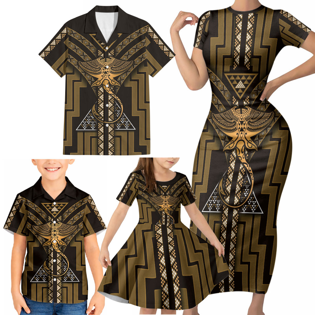 New Zealand Manta Ray Family Matching Short Sleeve Bodycon Dress and Hawaiian Shirt Maori Tukutuku Taniko Motifs Gold