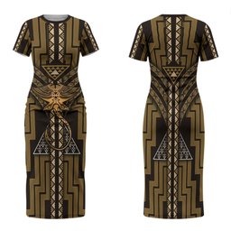 New Zealand Manta Ray Family Matching Short Sleeve Bodycon Dress and Hawaiian Shirt Maori Tukutuku Taniko Motifs Gold