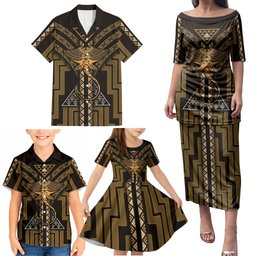 New Zealand Manta Ray Family Matching Puletasi and Hawaiian Shirt Maori Tukutuku Taniko Motifs Gold