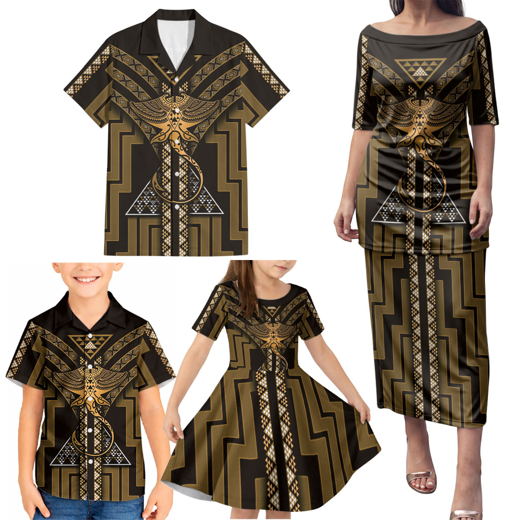 New Zealand Manta Ray Family Matching Puletasi and Hawaiian Shirt Maori Tukutuku Taniko Motifs Gold