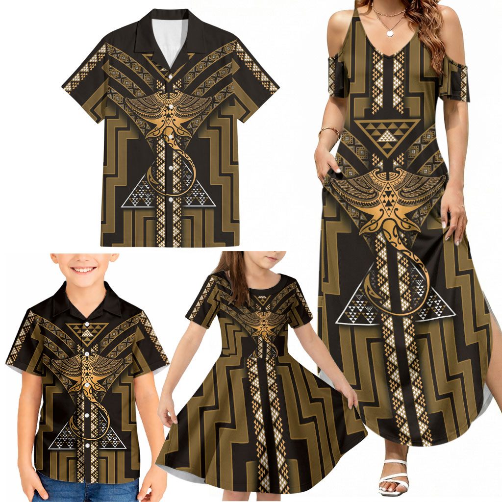 New Zealand Manta Ray Family Matching Summer Maxi Dress and Hawaiian Shirt Maori Tukutuku Taniko Motifs Gold