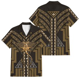 New Zealand Manta Ray Family Matching Puletasi and Hawaiian Shirt Maori Tukutuku Taniko Motifs Gold