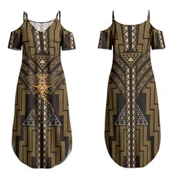 New Zealand Manta Ray Family Matching Summer Maxi Dress and Hawaiian Shirt Maori Tukutuku Taniko Motifs Gold