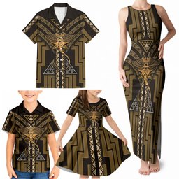 New Zealand Manta Ray Family Matching Tank Maxi Dress and Hawaiian Shirt Maori Tukutuku Taniko Motifs Gold