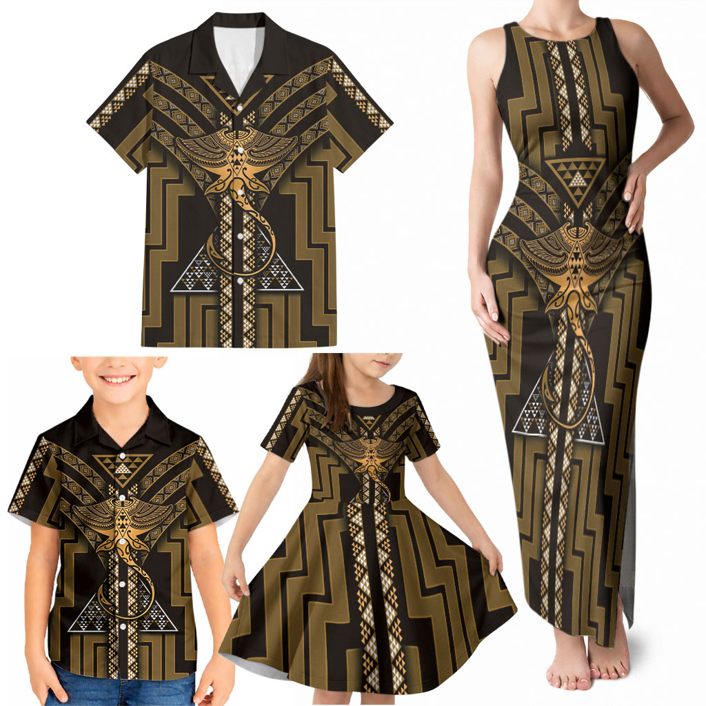 New Zealand Manta Ray Family Matching Tank Maxi Dress and Hawaiian Shirt Maori Tukutuku Taniko Motifs Gold