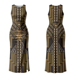 New Zealand Manta Ray Family Matching Tank Maxi Dress and Hawaiian Shirt Maori Tukutuku Taniko Motifs Gold