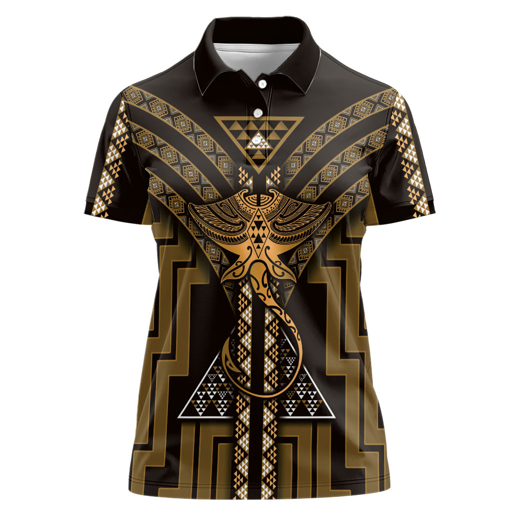 New Zealand Manta Ray Women Polo Shirt Maori Tukutuku Taniko Motifs Gold
