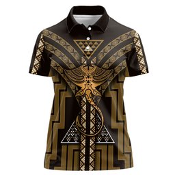 New Zealand Manta Ray Women Polo Shirt Maori Tukutuku Taniko Motifs Gold