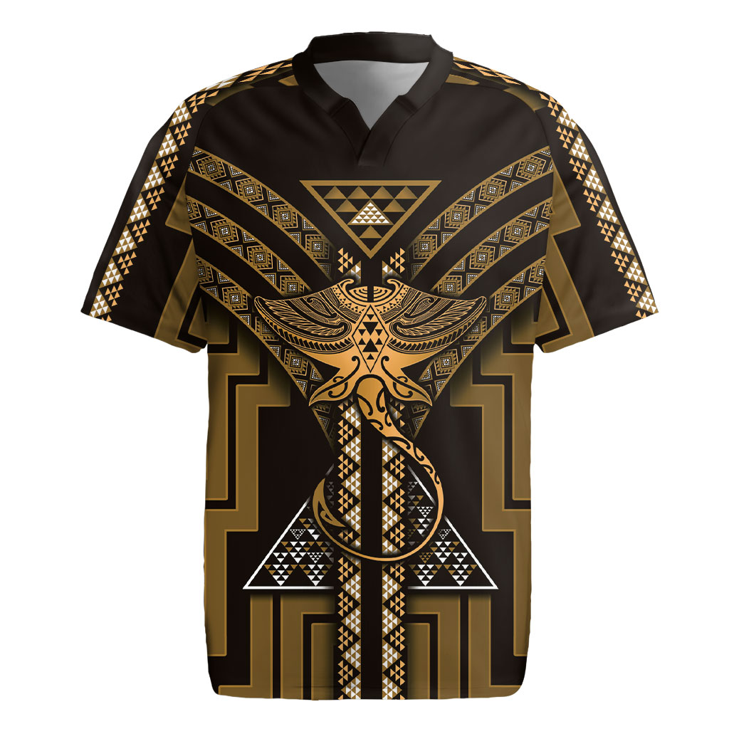 New Zealand Manta Ray Rugby Jersey Maori Tukutuku Taniko Motifs Gold