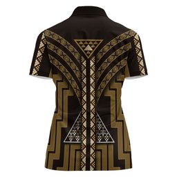 New Zealand Manta Ray Women Polo Shirt Maori Tukutuku Taniko Motifs Gold