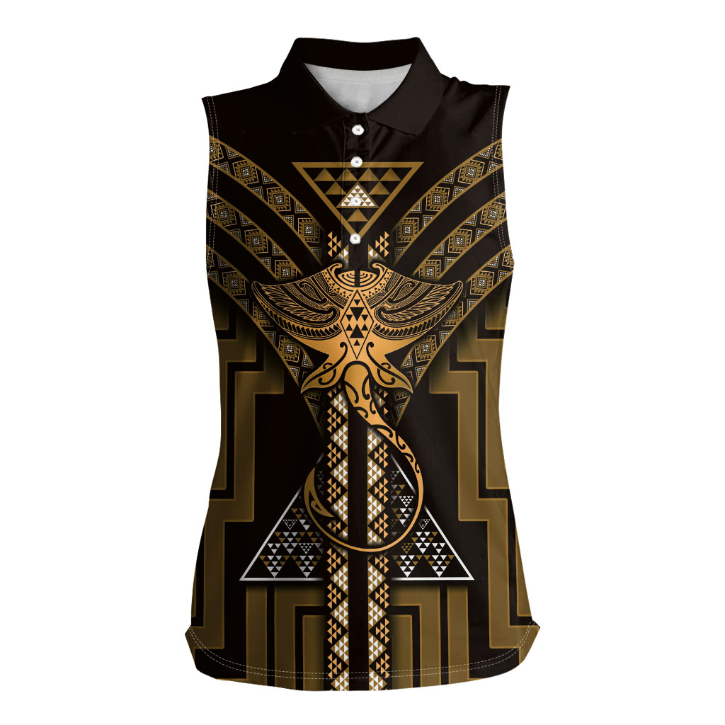 New Zealand Manta Ray Women Sleeveless Polo Shirt Maori Tukutuku Taniko Motifs Gold