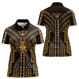 New Zealand Manta Ray Women Polo Shirt Maori Tukutuku Taniko Motifs Gold