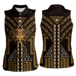 New Zealand Manta Ray Women Sleeveless Polo Shirt Maori Tukutuku Taniko Motifs Gold