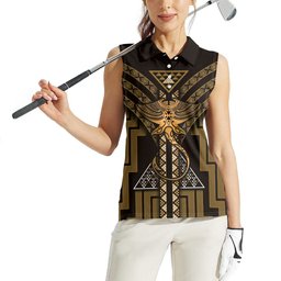 New Zealand Manta Ray Women Sleeveless Polo Shirt Maori Tukutuku Taniko Motifs Gold