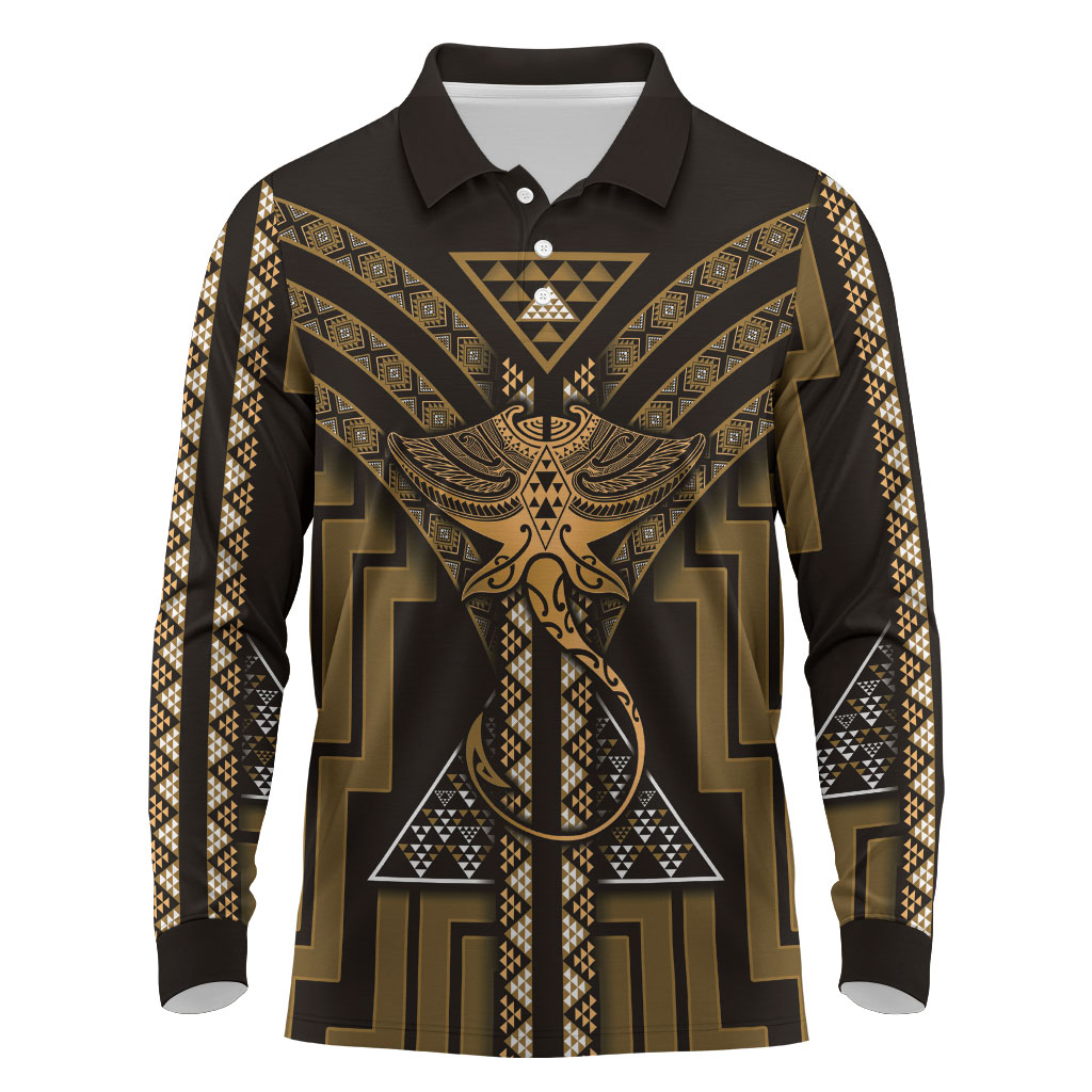 New Zealand Manta Ray Long Sleeve Polo Shirt Maori Tukutuku Taniko Motifs Gold