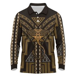 New Zealand Manta Ray Long Sleeve Polo Shirt Maori Tukutuku Taniko Motifs Gold
