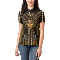 New Zealand Manta Ray Women Polo Shirt Maori Tukutuku Taniko Motifs Gold