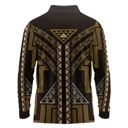 New Zealand Manta Ray Long Sleeve Polo Shirt Maori Tukutuku Taniko Motifs Gold