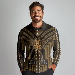New Zealand Manta Ray Long Sleeve Polo Shirt Maori Tukutuku Taniko Motifs Gold
