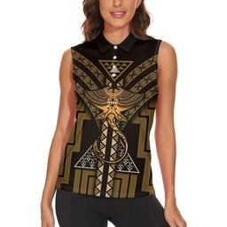 New Zealand Manta Ray Women Sleeveless Polo Shirt Maori Tukutuku Taniko Motifs Gold