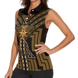 New Zealand Manta Ray Women Sleeveless Polo Shirt Maori Tukutuku Taniko Motifs Gold