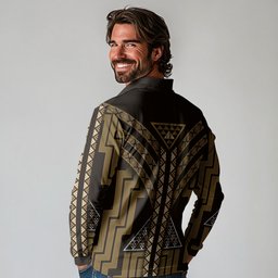 New Zealand Manta Ray Long Sleeve Polo Shirt Maori Tukutuku Taniko Motifs Gold